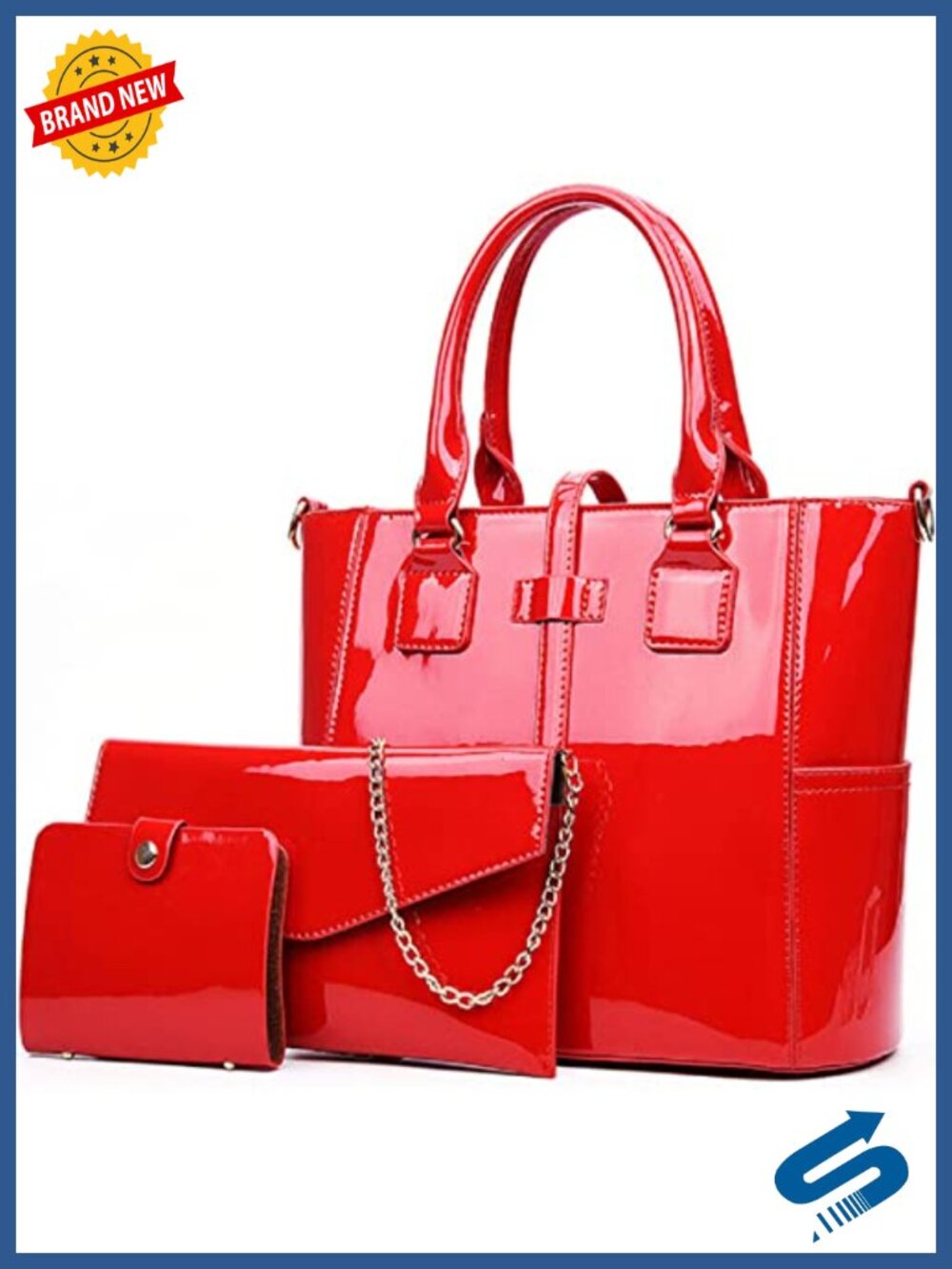3-PC Patent Women Handbag Crossbody Card Bag Faux Leather Satchel Tote Set